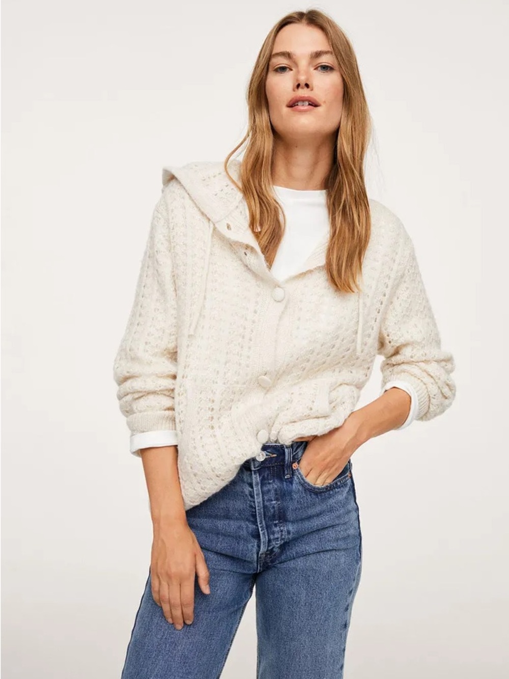 MNG Mango Cream Open Knit Hooded Cardigan Sweater Size XS Boho Crochet Y2K